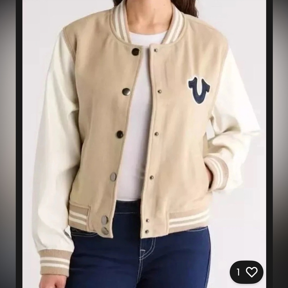 True Religion Beige and Ivory Varsity Jacket